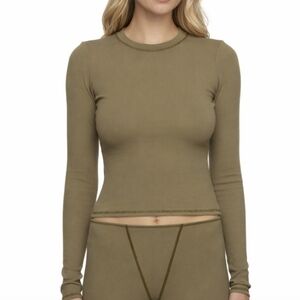Skims Cotton Rib Long Sleeve Shirt Top Army Green XSmall NWT